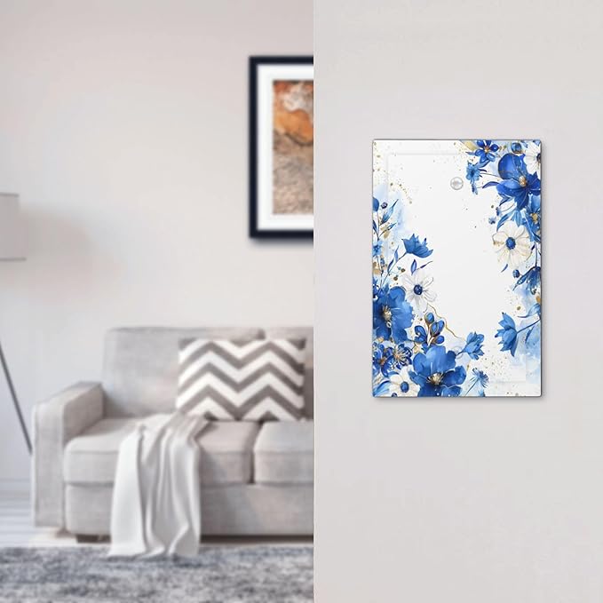 Klein Blue Flowers Watercolor Golden White Floral Light Switch Cover Plate 1 Gang No Device Blank Electrical Wall Plates Faceplate Decorative Switch Plate Covers for Bedroom Living Room Decor