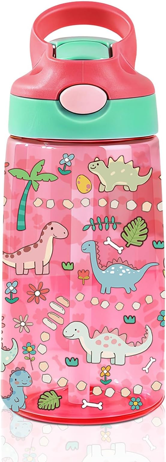 14oz Dinosaur Kids Water Bottle with Straw Lid - Cute Water Bottles for Kids, Leakproof, Lightweight, Durable Plastic Bottles for School, Pop-Up Straw Cover, Gift Cup for Girls Boys (Dinosaur)