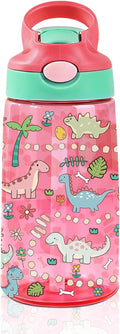 14oz Dinosaur Kids Water Bottle with Straw Lid - Cute Water Bottles for Kids, Leakproof, Lightweight, Durable Plastic Bottles for School, Pop-Up Straw Cover, Gift Cup for Girls Boys (Dinosaur)