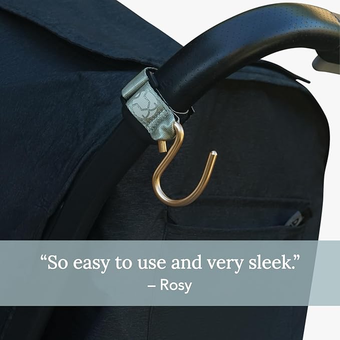 Huhu Essential Stroller Hooks - Lightweight Aluminum Stroller Bag Hook with Adjustable Straps, Matte Gold S-Hooks for Diaper Bag, Shopping, Everyday Essentials – Universal Fit Baby Stroller Accessory