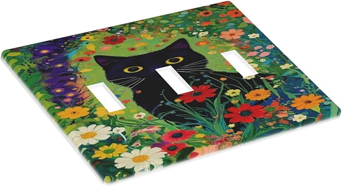 Decorative Art Light Switch Covers BlackCat&Flowers 3 Gang Triple Toggle Wall Plate Decorative Switch plate Electrical Faceplate for Home Decor