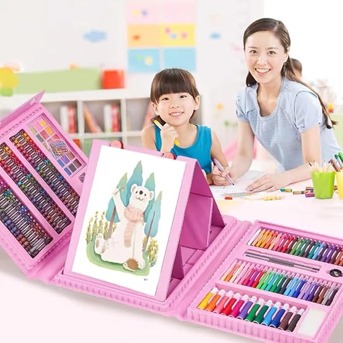 DLUCKY 208 PCS Art Supplies, Drawing Art Kit for Kids Adults Art Set with Double Sided Trifold Easel, Oil Pastels, Crayons, Colored Pencils, Watercolor Pens Gift for Girls Boys Artist,Pink