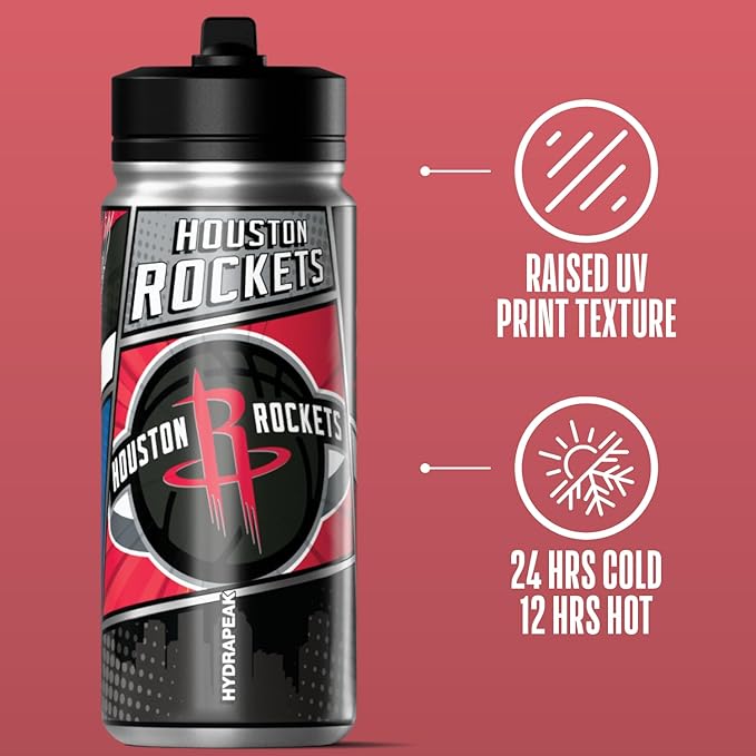 Hydrapeak x NBA Houston Rockets 20 oz Stainless Steel Water Bottle, Officially Licensed Double Wall Insulated Sports Bottle with Straw Lid, Reusable Leakproof Gift for Kids & Adults