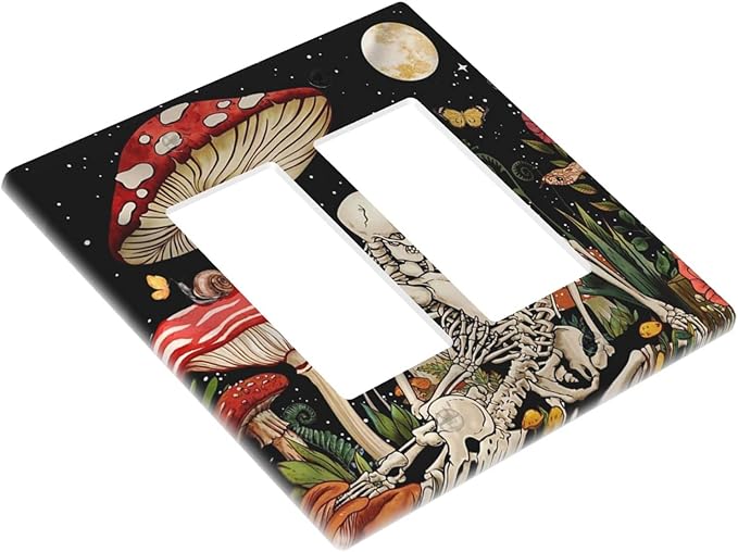 Mushroom Skull Skeleton Moon Star Plants Flora Light Switch Cover Double Rocker Wall Plate 2 Gang Decorative Gfci Electrical Switchplate Home for Bathroom Bedroom Kitchen Decor 4.6"X4.5"