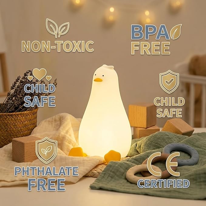 Duck Night Light, Soft Squishy Silicone Kids Nightlight, Lying Flat 3 Level Dimmable Touch Lamp with Timer, 1200mAh USB Rechargeable Baby Nursery Lamp,Xmas Gifts Kawaii Bedroom Decor