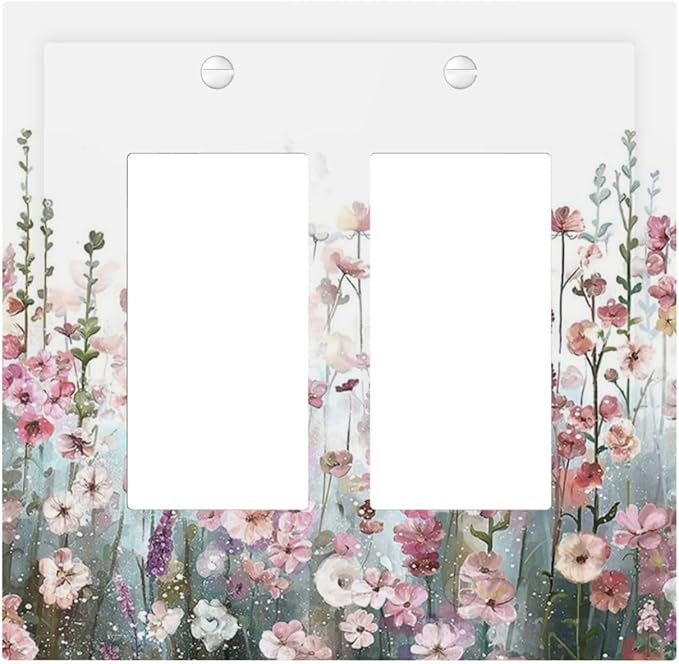 Colorful Flowers Pink Floral Watercolor Plant Decorative Outlet Covers 2 Gang Double GFCI Rocker Electrical Wall Panels Light Switch Cover Plate for Bed Room Living Room Decor