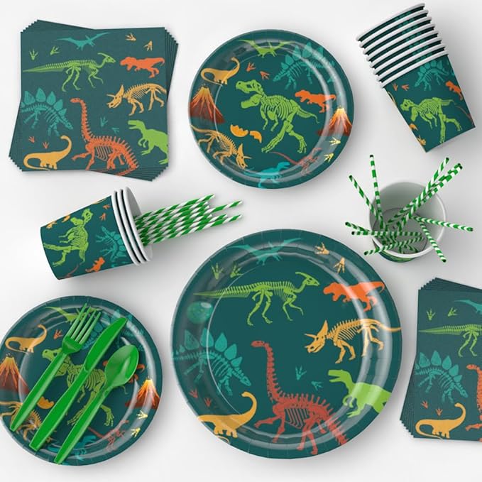 Dinosaur Birthday Decorations Tableware Set Birthday Party Supply Dinosaur Plates Dino Plate for Baby Shower,Disposable Dinosaurs Tableware Set with Tablecloth Cup Banner for Boy Serve 24