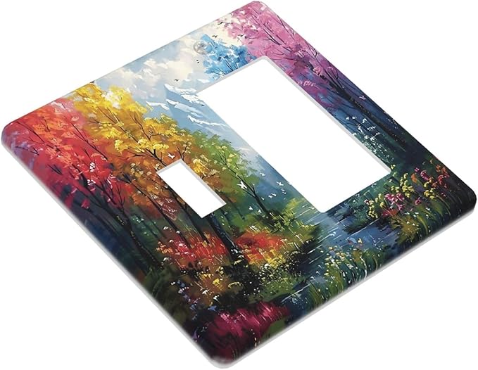 Colorful Forest Snow Mountain River Oil Painting Style Outlet Covers 1 Toggle 1 Rocker Combination Decorative Wall Plate Electrical Switch Plates Light Switch Cover Plate for Bedroom Living Room Decor