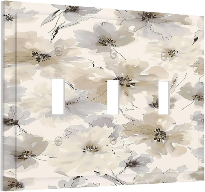 Decorative Light Switch Cover Plate Beige Flower Watercolor Flower 3 Gang Wall Plate Triple Toggle Switch Plate Covers Electrical Outlet Cover for Bedroom Home Decor