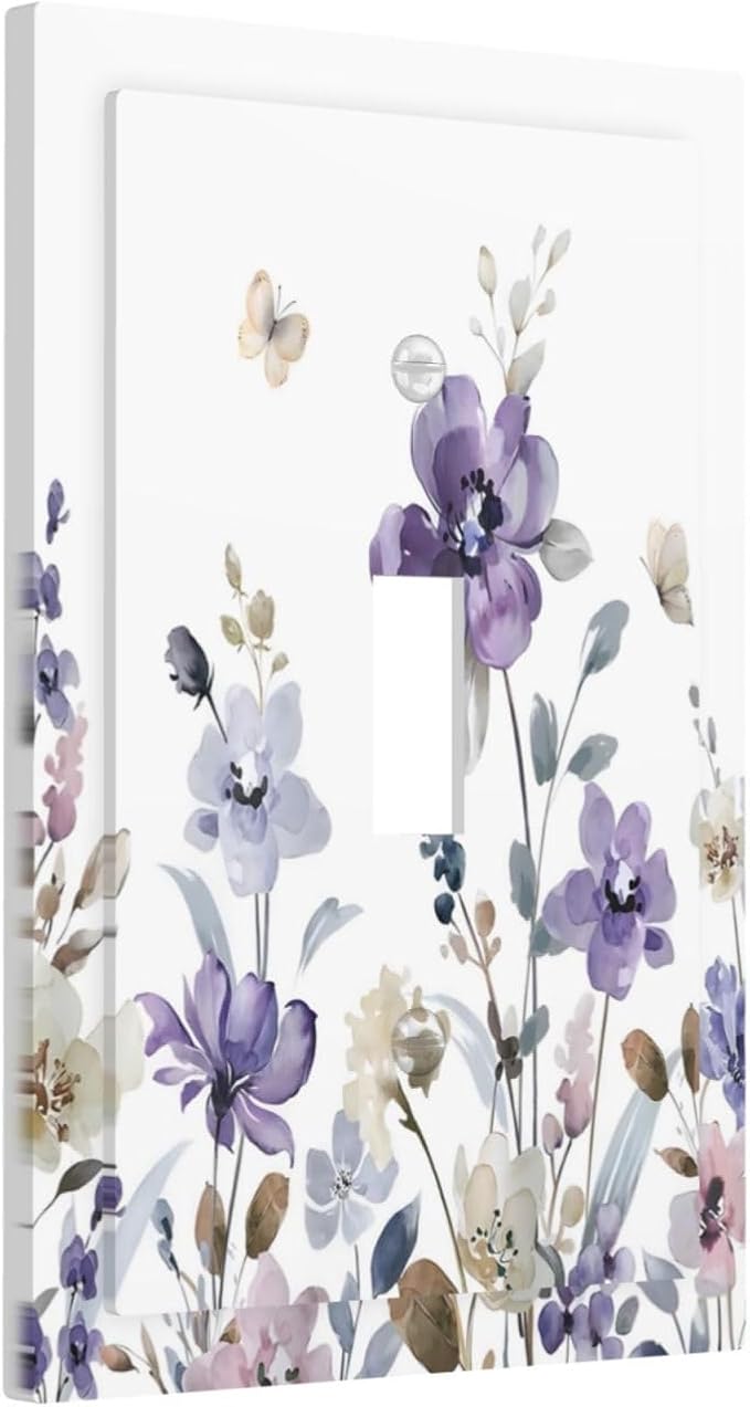 Purple Watercolor Flower Floral Butterfly Decorative Light Switch Cover 1 Gang Single Toggle Device Electrical Faceplate Switchplates Decorator Outlet Wall Plate for Bedroom Living Room Decor