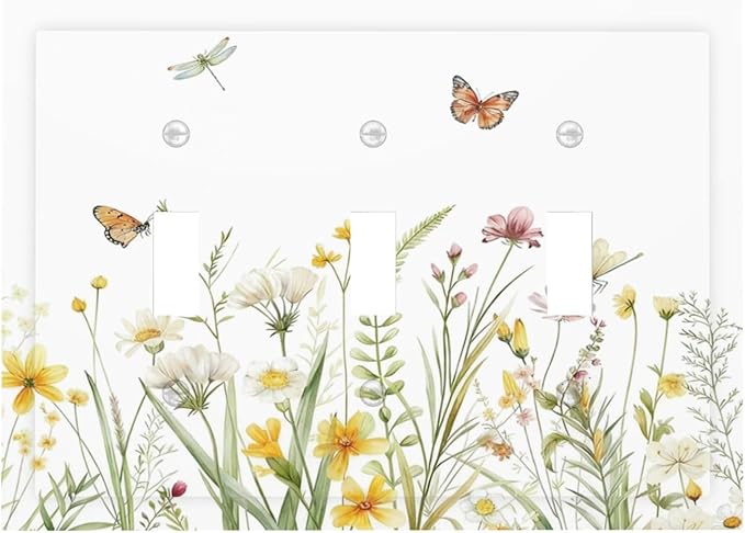 Colorful Wildflowers Dragonfly Butterfly Floral Decorative Switch Plates 3 Gang Wall Plate Triple Toggle Light Switch Cover Faceplate Electrical Wall Panels for Bedroom Living Room Decor