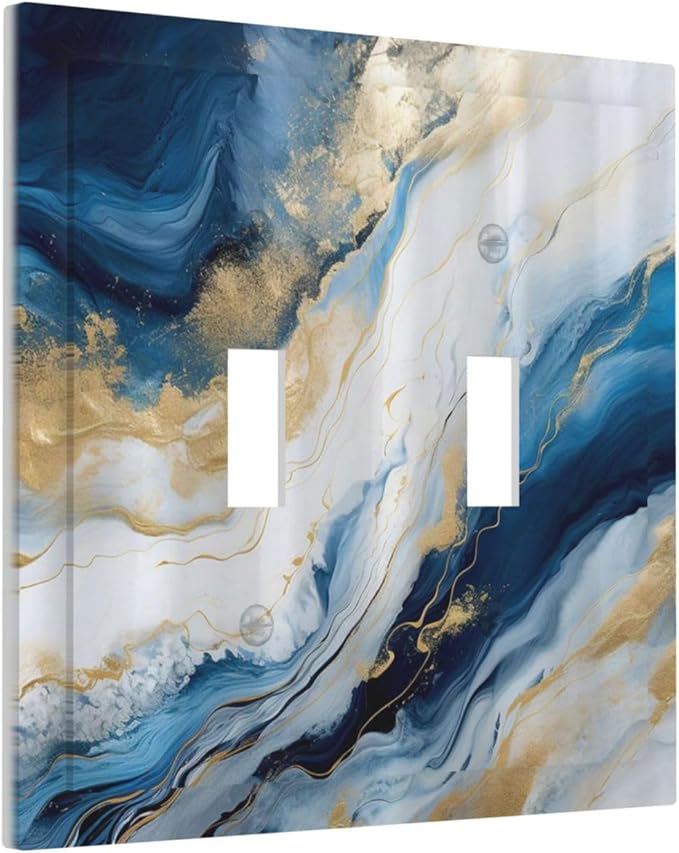 Abstract Blue Granite Luxury Watercolor Marble Texture Print Double Toggle Light Switch Covers Decorative Unique 2 Gang Wall Plate Dual Electrical Faceplate Switchplate for Kitchen Bathroom Decor