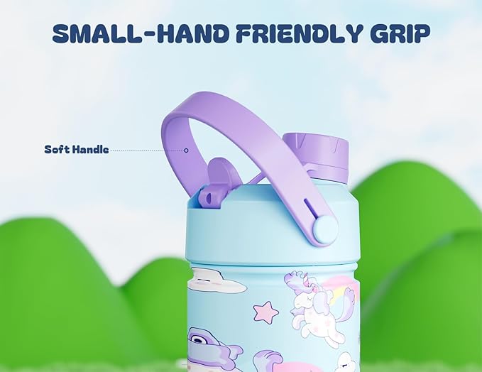 12 oz Kids Stainless Steel Water Bottle: 2-in-1 Straw Spout Lid, Leakproof, BPA-Free, Easy Clean, Keep Cold 24H, Insulated Cup with Carrier Bag for School, Travel, Playtime, Gift (Dreamy Unicorn)
