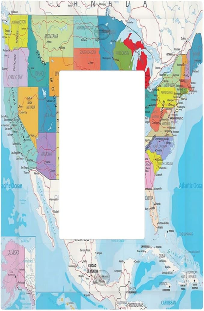 Cartoon Fun Facts Geography USA Map 1 Gang Rocker/Decor Outlet Light Switch Wall Plate Cover Faceplate Decorative Faceplate Boys Map of The United States Bathroom Home Living Room Bedroom Decorate