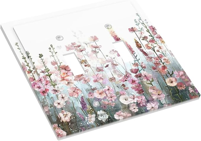 Colorful Flowers Pink Floral Watercolor Plant Decorative Switch Plates 2 Gang Double Toggle Outlet Light Switch Cover Wall Plate Electrical Faceplate for Bed Room Living Room Decor