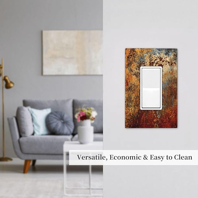 1 Gang Single GFCI/Decorator Rocker Outlet Light Switch Wall Plate Cover Shabby Old Aged Rust Rusty Tumbled Antique Brass Patina Copper Metal Print Decorative One Device Electrical Faceplate Dimmer
