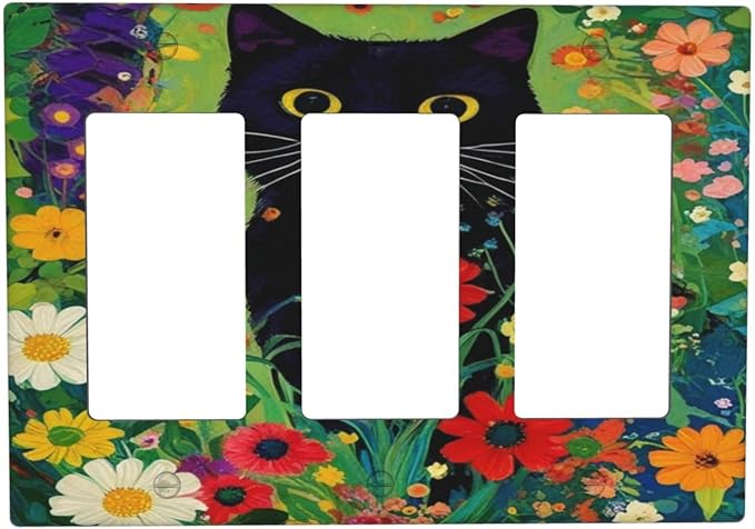 Decorative Art Light Switch Covers BlackCat&Flowers 3 Gang Triple Rocker Outlet Switch plate GFCI Faceplate GFCI for Home Decor