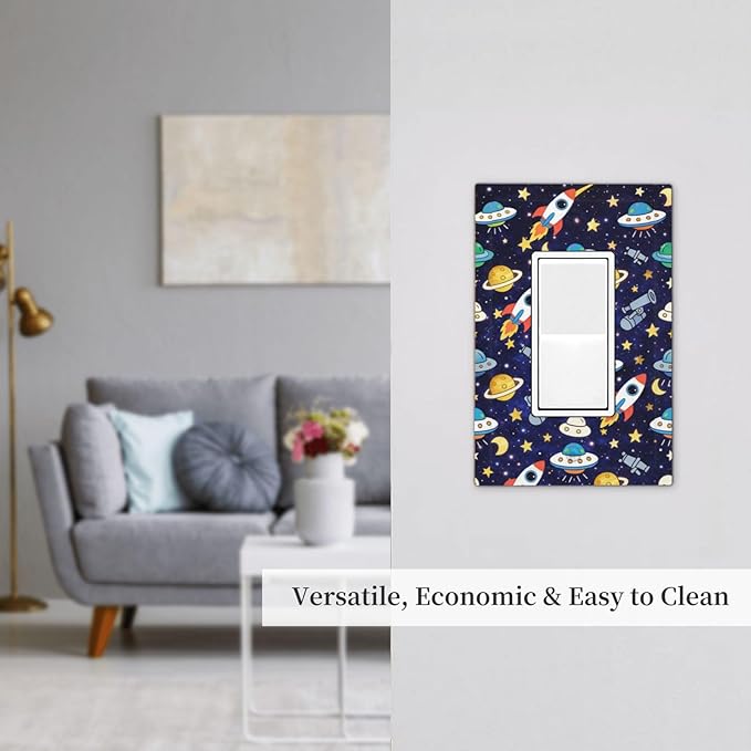 Decorative Outlet Covers Blue Space-themed Rocket Spaceship 1 Gang Rocker Light Switch Cover Plate Single Wall Plates for Electrical Switch Plate Covers Faceplate for Children's Room Decor