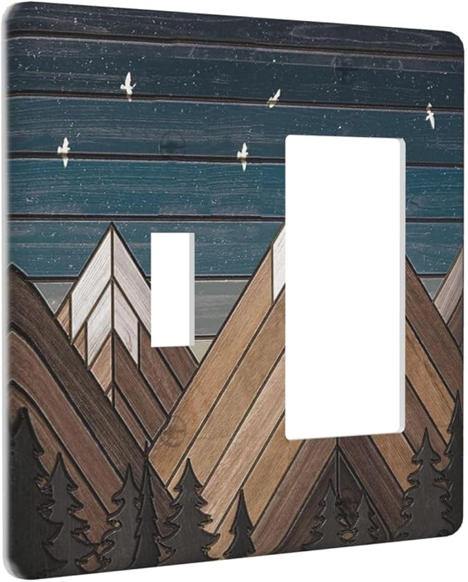 Rustic Geometric Mountain Wilderness Wood 2 Gang Toggle Rocker Combo Wall Plates Decorative GFCI Device Outlet Cover Receptacle Electrical Faceplate Switchplate for Bedroom Bathroom Kitchen Decor