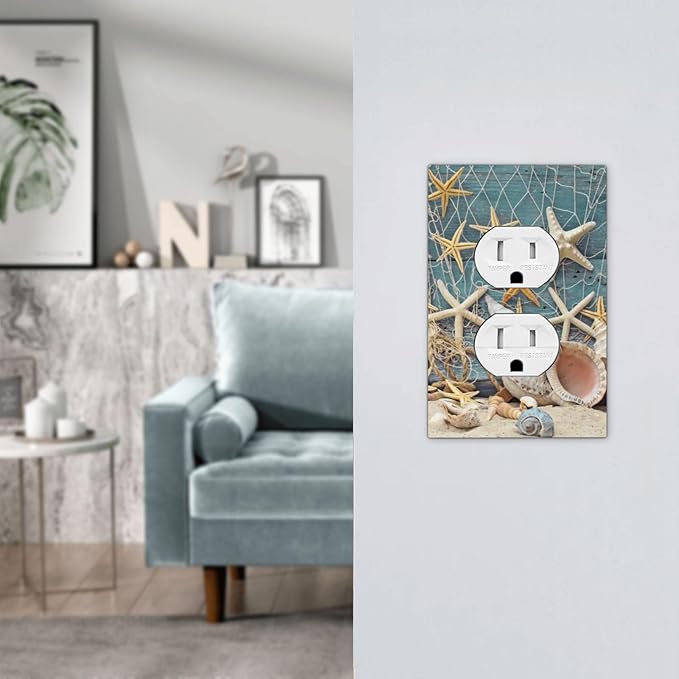 Nautical Beach Starfish Teal Wood 1 Gang Outlet Plate Covers Decorative Single Duplex Wall Plate Electrical Receptacle Light Switch Cover Electric Switchplate Country Decor