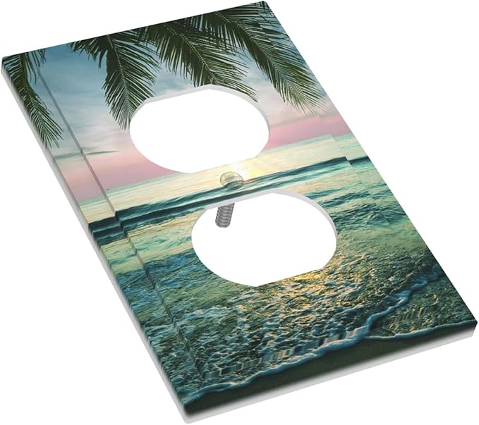 Tropical Beach Sunset Duplex Wall Plate - 1-Gang Standard US Size Palm Fringe Ocean View Outlet Covers for Pool Beach House Decor