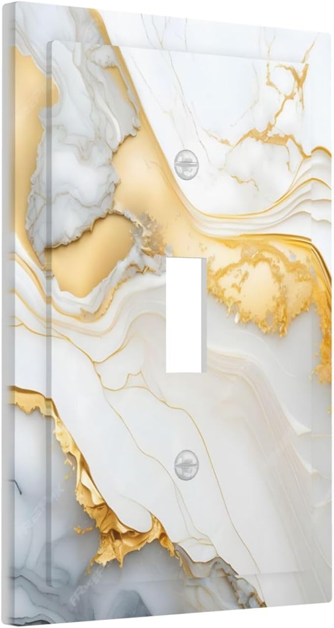 Exquisite White Gold Marble Abstract Luxurious Print Decorative Light Switch Cover 1 Gang Single Toggle Device Electrical Faceplate Switchplates Decorator Outlet Wall Plate for Bathroom Kitchen Decor