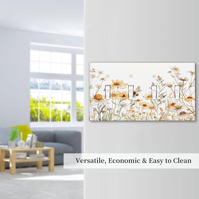 Yellow White Daisy Floral Bee Wild Flower Light Switch Covers Quad Toggle Electrical Faceplate 4 Gang Wall Plate Decorative Switch Plates Cover for Bedroom Living Room Decor
