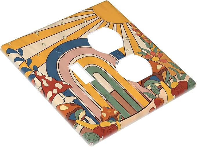 Wallplates Mushroom Hippie Sun Rainbow Vintage Floral Funky Boho 1 Toggle 1 Duplex Switch Plate Electrical GFCI Faceplate Decorative Light Switch Covers for Bedroom Kids room Decor