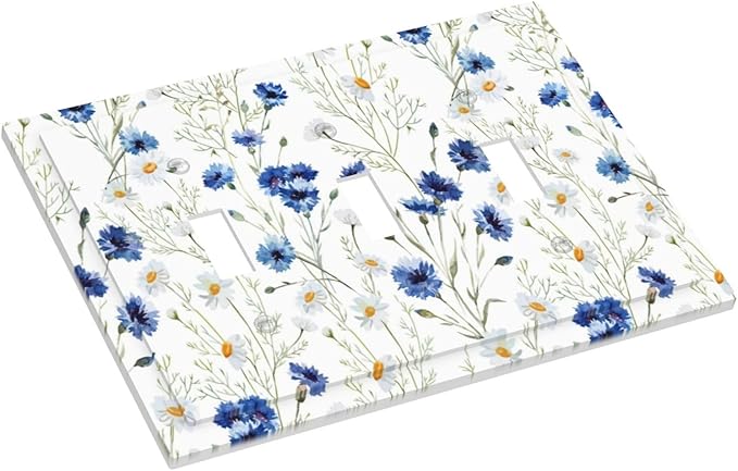 Light Switch Cover Plate Watercolor Daisy Blue Floral Vintage Plant 3 Gang Triple Toggle Decorative Switch Plates Wall Plates Electrical Switchplate Faceplate for Bedroom Home Decor