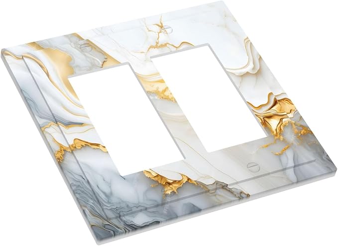 Exquisite White Gold Marble Abstract Luxurious Print Decorative Outlet Covers 2 Gang Double GFCI Rocker Electrical Wall Panels Light Switch Cover Plate for Bathroom Kitchen Decor