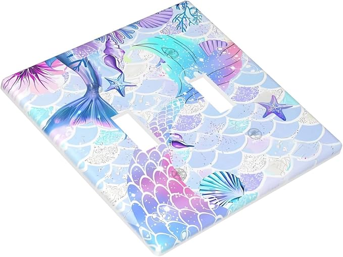 Mermaid Girl Light Switch Cover Plates Decorative 2 Gang Double Toggle Wall Plate Electrical Switchpalte Faceplate for Kid Bedroom Home Bathroom Decor 4.5" x 4.5"