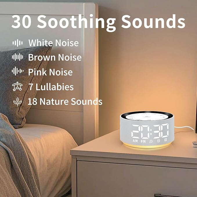 Alarm Clock Sound Machine White Brown Noise Machine with 30 Sleeping Sounds for Baby Kids Adults Night Light Bedroom 2 Alarms Backup Battery 32-Level Vol 15 Wake up Sounds for Mild Heavy Sleeper