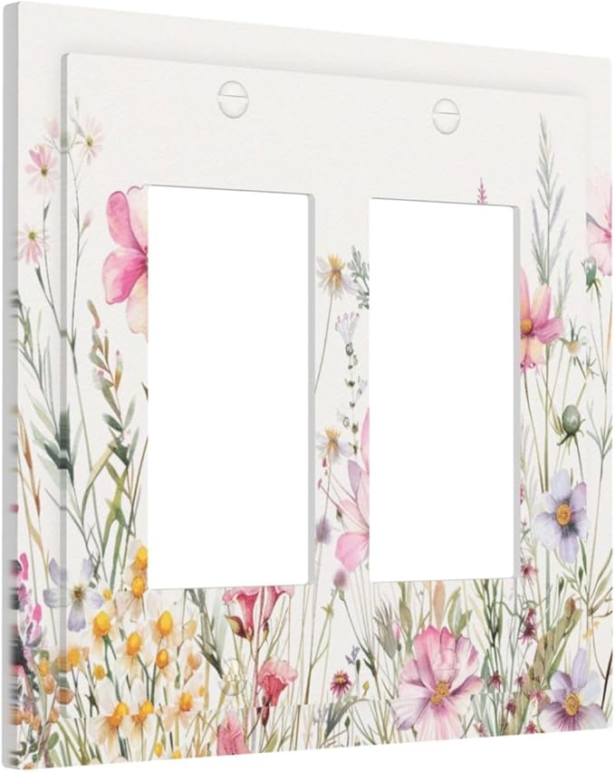 Pink Floral Wild Flowers Watercolor Plants Decorative Outlet Covers 2 Gang Double GFCI Rocker Electrical Wall Panels Light Switch Cover Plate for Bedroom Living Room Decor