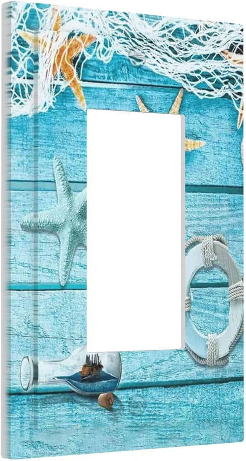 1 Gang Single GFCI/Decorator Rocker Outlet Light Switch Wall Plate Cover Nautical Beach Turquoise Teal Blue Wood Wooden Starfish Shell Net Decorative One Device Electrical Faceplate Cover Dimmer
