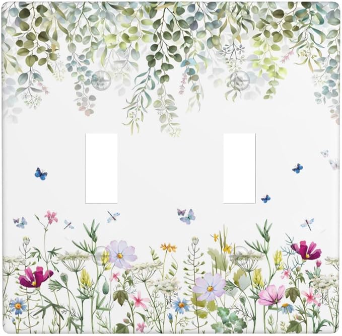 Green Floral Leaves Light Switch Cover Decorative Wild Flower 2 Gang Double Toggle Wall Plate Electrical Switchplate Faceplate for Bathroom Kitchen Bedroom