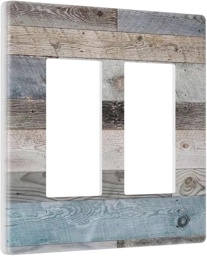 Old Retro Rustic Vintage Barn Door 2 Gang Screwless Double GFCI Decorator/Rocker Outlet Light Switch Wall Plate Cover Teal Blue Grey Wood Wooden Country Decorative Dual Device Receptacle Faceplate