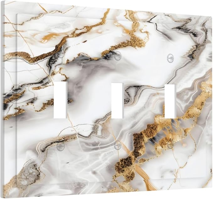 Luxurious Marble Abstract White Gold Tile Modern Simplicity Decorative Switch Plates 3 Gang Wall Plate Triple Toggle Light Switch Cover Faceplate Electrical Wall Panels for Bathroom Kitchen Decor
