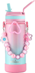 Mininoo Kids Water Bottle for School - 16 oz Stainless Steel Insulated Water Bottle with Ceramic-Lined, Leakproof Straw Lid & Beaded Handle for Girls & Boys