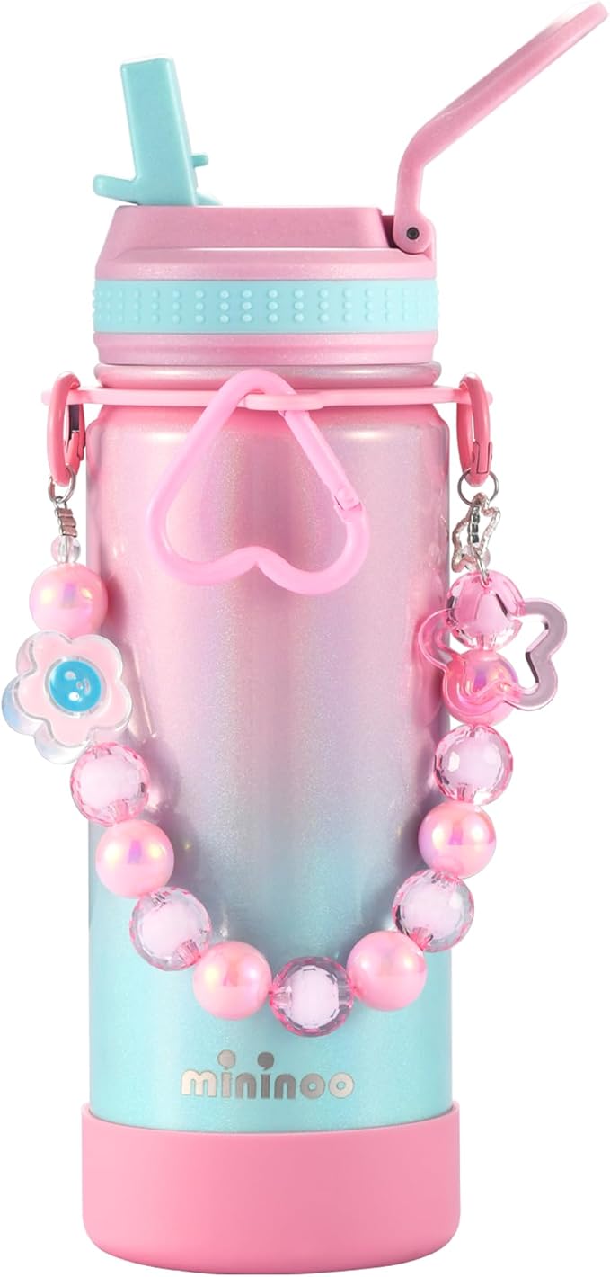 Mininoo Kids Water Bottle for School - 16 oz Stainless Steel Insulated Water Bottle with Ceramic-Lined, Leakproof Straw Lid & Beaded Handle for Girls & Boys