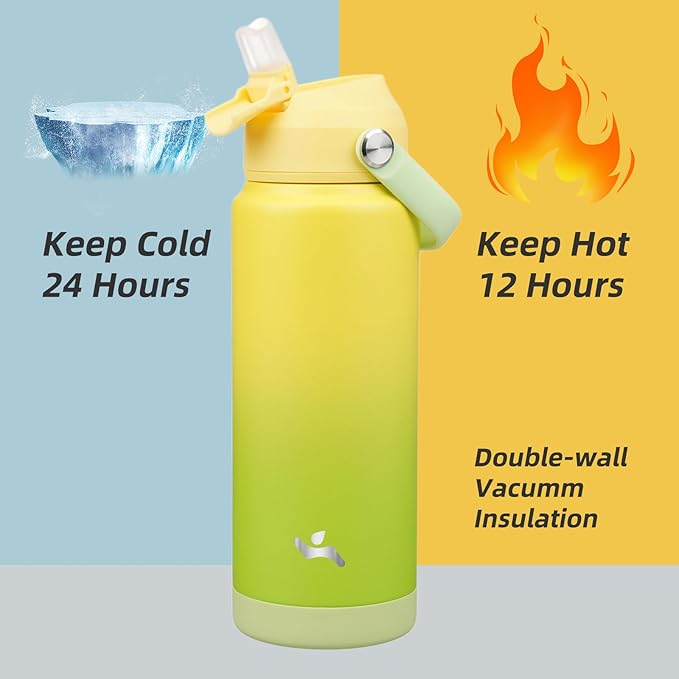 Konokyo Insulated Water Bottle with Straw Lid,24 oz Stainless Steel Vacuum Metal Bottle with Silicone Handle,Lime