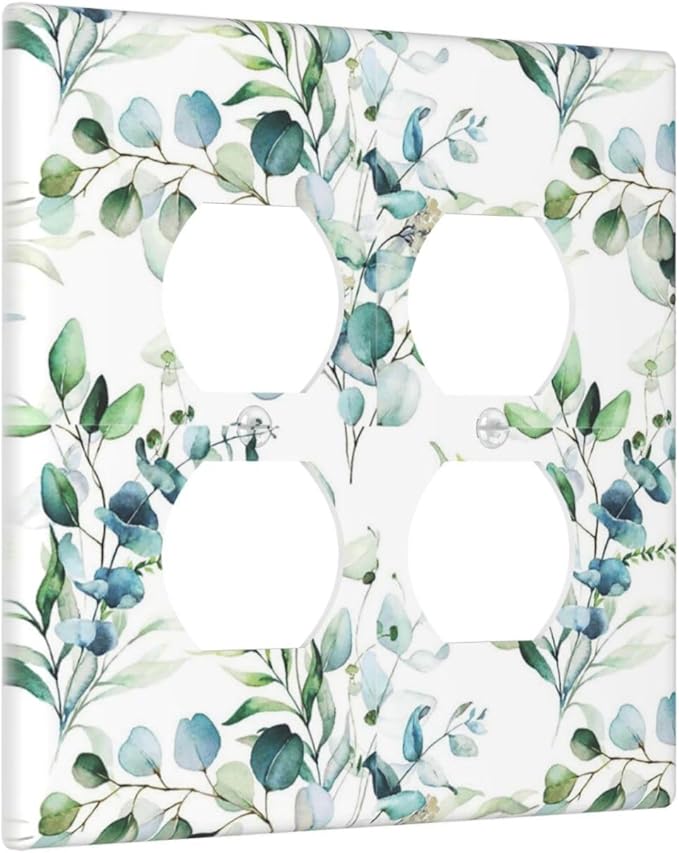 Green Eucalyptus Leaves 2 Gang Double Duplex Combination Light Switch Cover Spring Neutral Olive Sage Leaf Decorative Two Gang Dual Device Receptacle Outlet Covers Switch Wall Plate Standard Size