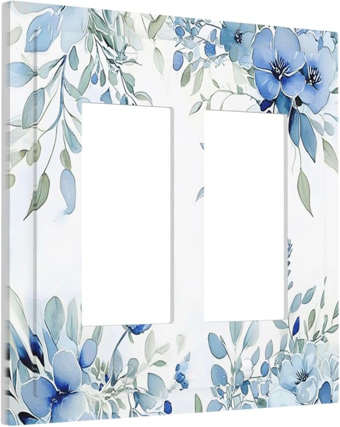 Watercolor Blue Flower Plant Floral Green Leaves Decorative Outlet Covers 2 Gang Double GFCI Rocker Electrical Wall Panels Light Switch Cover Plate for Bedroom Living Room Decor