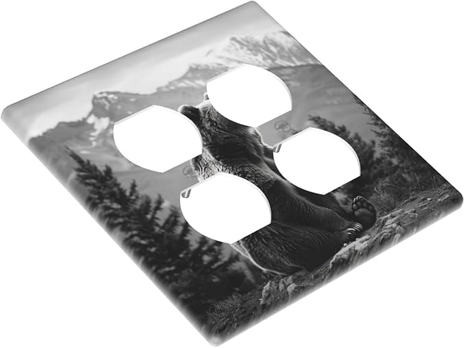 Decorative Outlet Covers Black White Bear Mountain Pine Trees Wilderness 2 Gang Decorative Switch Plate Double Duplex Wall Plates Switch Plates and Outlet Covers for Bathroom Bedroom Decor