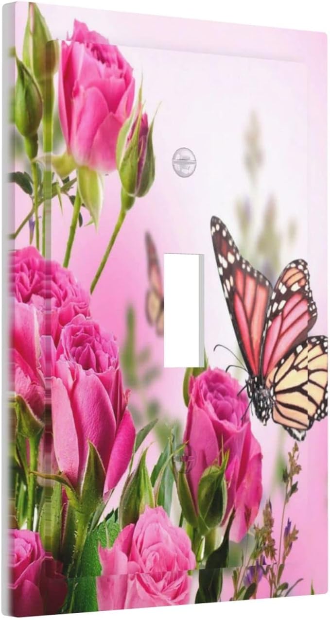 Pink Flower Butterfly 1 Gang Light Switch Plate Decorative Single Toggle Wall Plate Cover Electrical Switchplate Faceplate Rose Pink Floral Spa Home of Spring House Nature Garden Plant Bathroom Decor