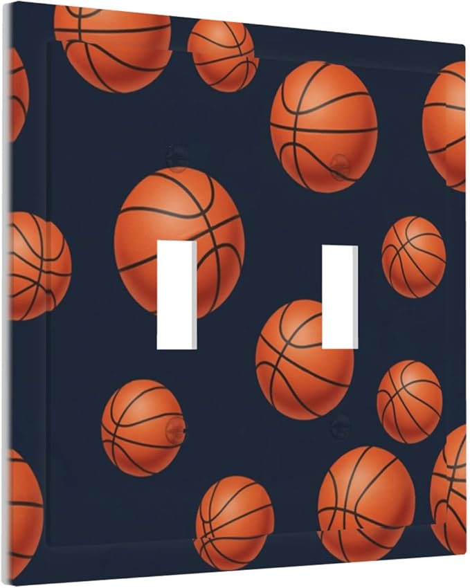 Basketball Double Toggle Switch Cover - 2-Gang Standard US Size Sports Design Navy Blue Light Switch Covers, Vintage Basketball for Boys Room