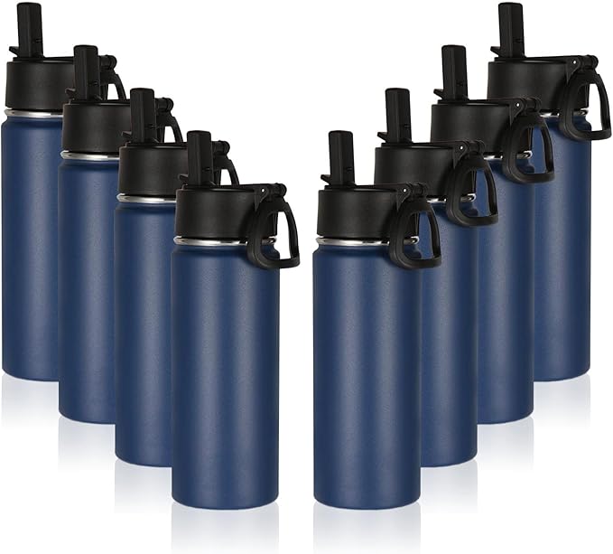 Volhoply 18oz Insulated Water Bottle Bulk 8 Pack,Kids Stainless Steel Water Bottles with Straw Lid,Wide Mouth Reusable Metal Bottle,Double Wall Vacuum Sports Flask for Cold Drink(Navy,8 Set)