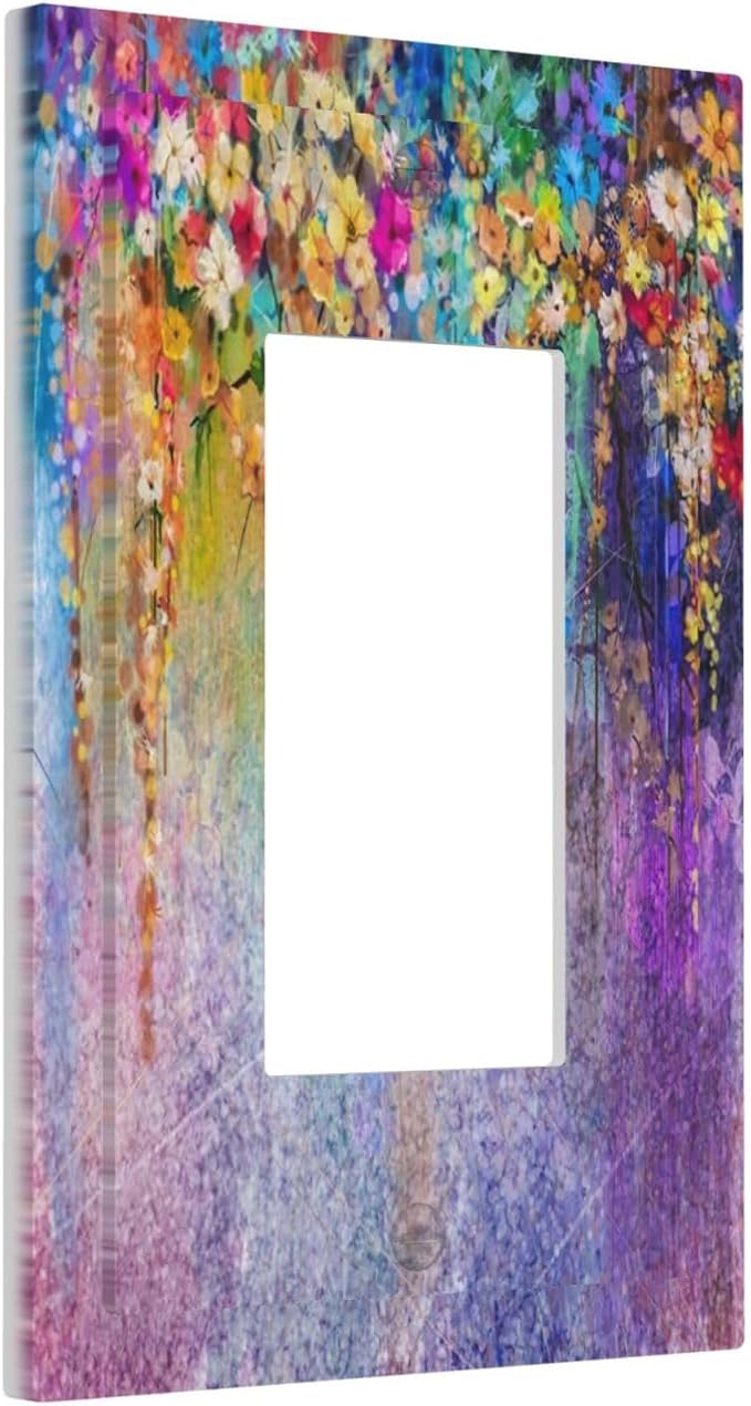 Colorful Floral Watercolor Flower 1 Gang Rocker Light Switch Plate Purple Garden Single Decora Outlet Wall Plate Cover Faceplate Decorative Switchplate GFCI for Farmhouse Bathroom Bedroom Decorate