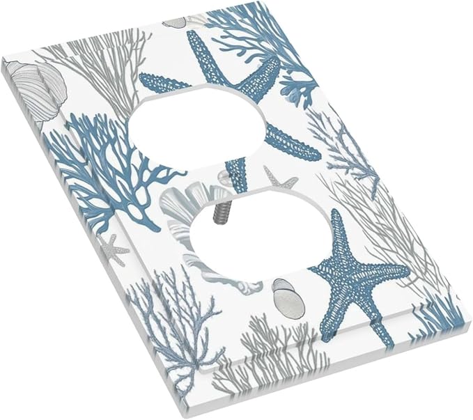 Blue Starfish Nautical Beach Conch Coastal Coral Shell Outlet Covers 1 Gang Duplex Light Switch Cover Decorative Switch Plates Electrical Receptacle Faceplate Wall Plate For Kids Room Bathroom Decor