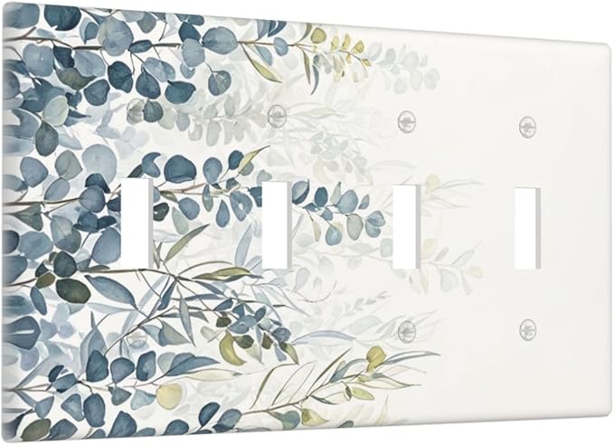 Decorative Switch Plate Cover with Green & Blue Watercolor Eucalyptus Botanical Foliage Design 4 Gang Artistic Wall Plate Unique Quad Toggle Light Switch Covers for Contemporary Living Room