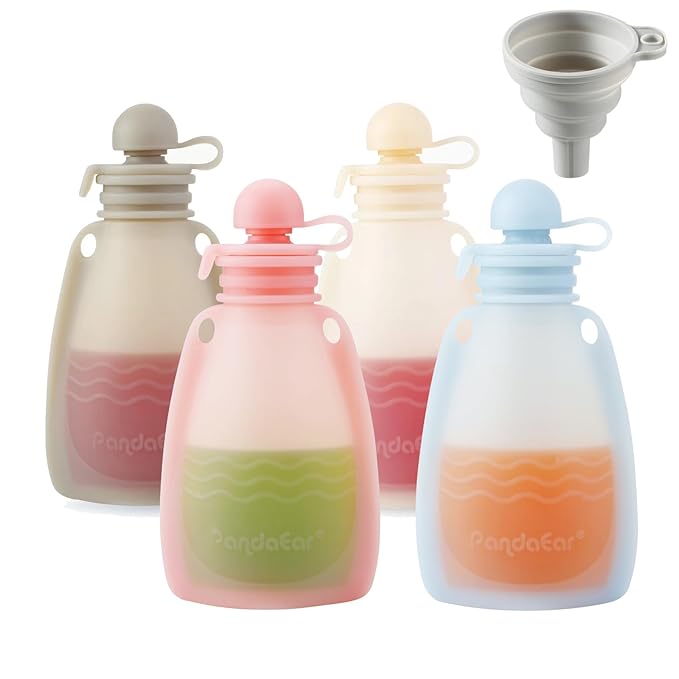 PandaEar Reusable Silicone Baby Food Pouches, 4 Pack Squeeze Pouches for Toddler Kids, BPA-Free Silicone Refillable Baby Food Storage, 5 oz